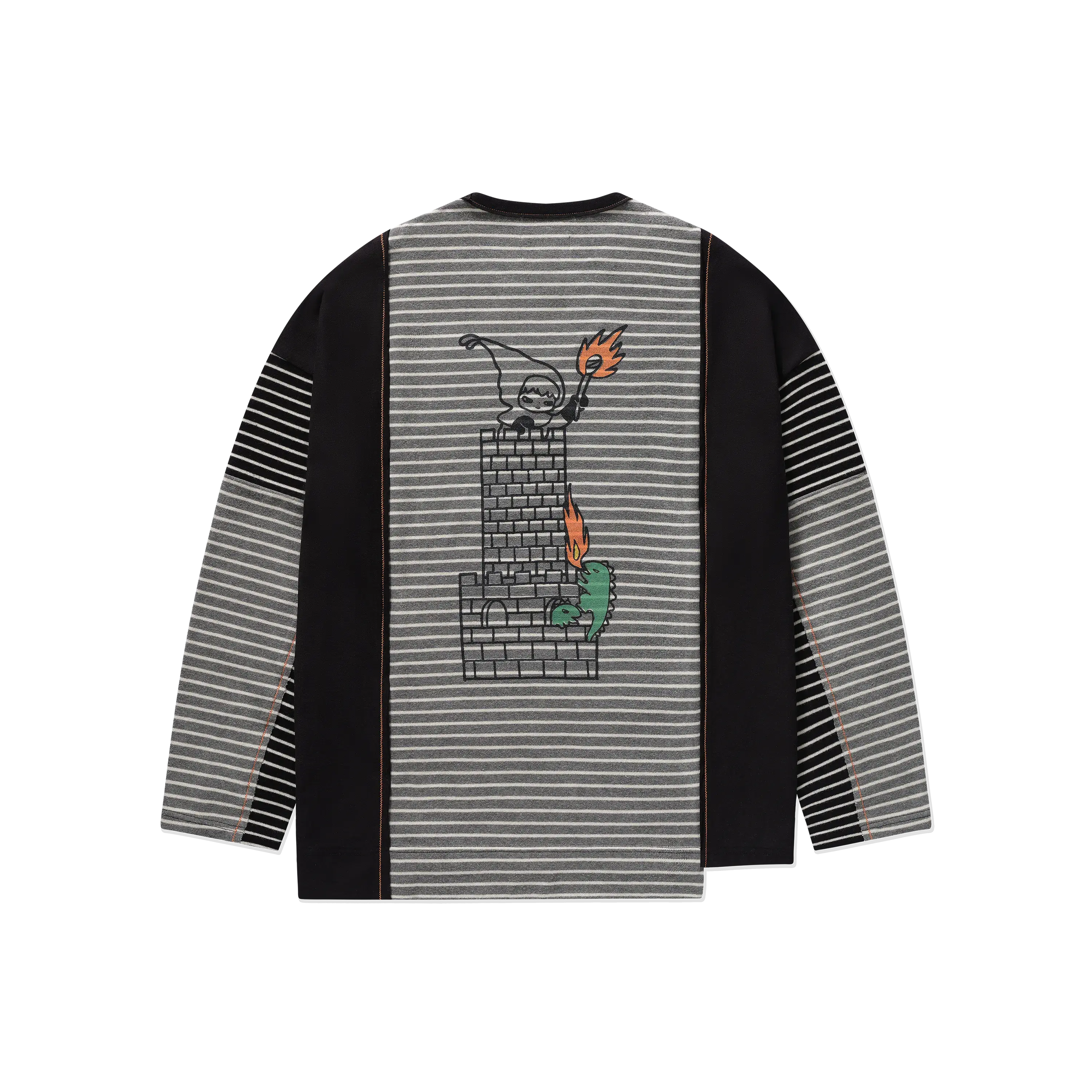 Hirono Whisper Within - Inner Fortress Striped Patchwork Long-Sleeve T-Shirt Black Grey