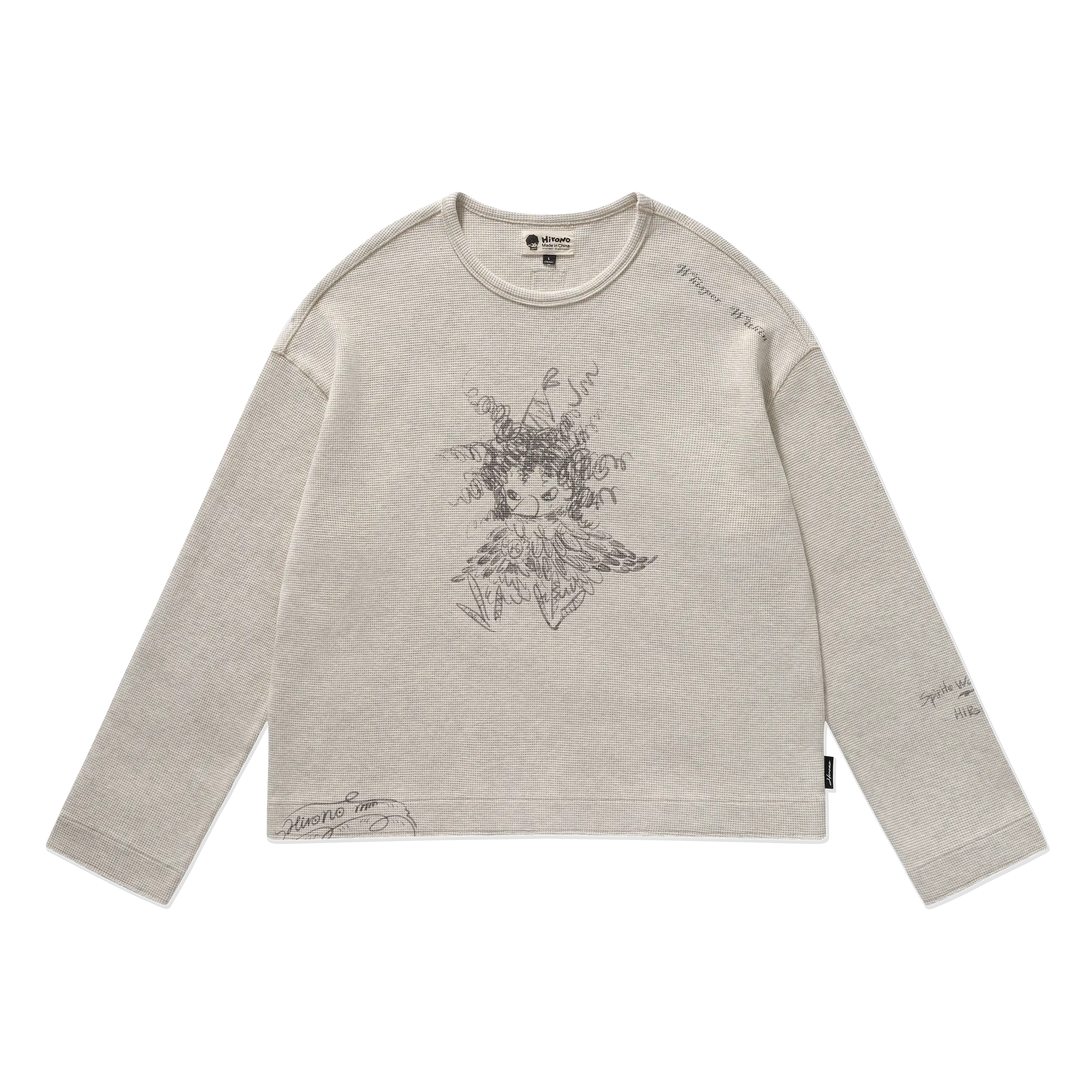 Hirono Whisper Within - Crow Waffle-knit Distressed Long-Sleeve Sweatshirt Heather Grey
