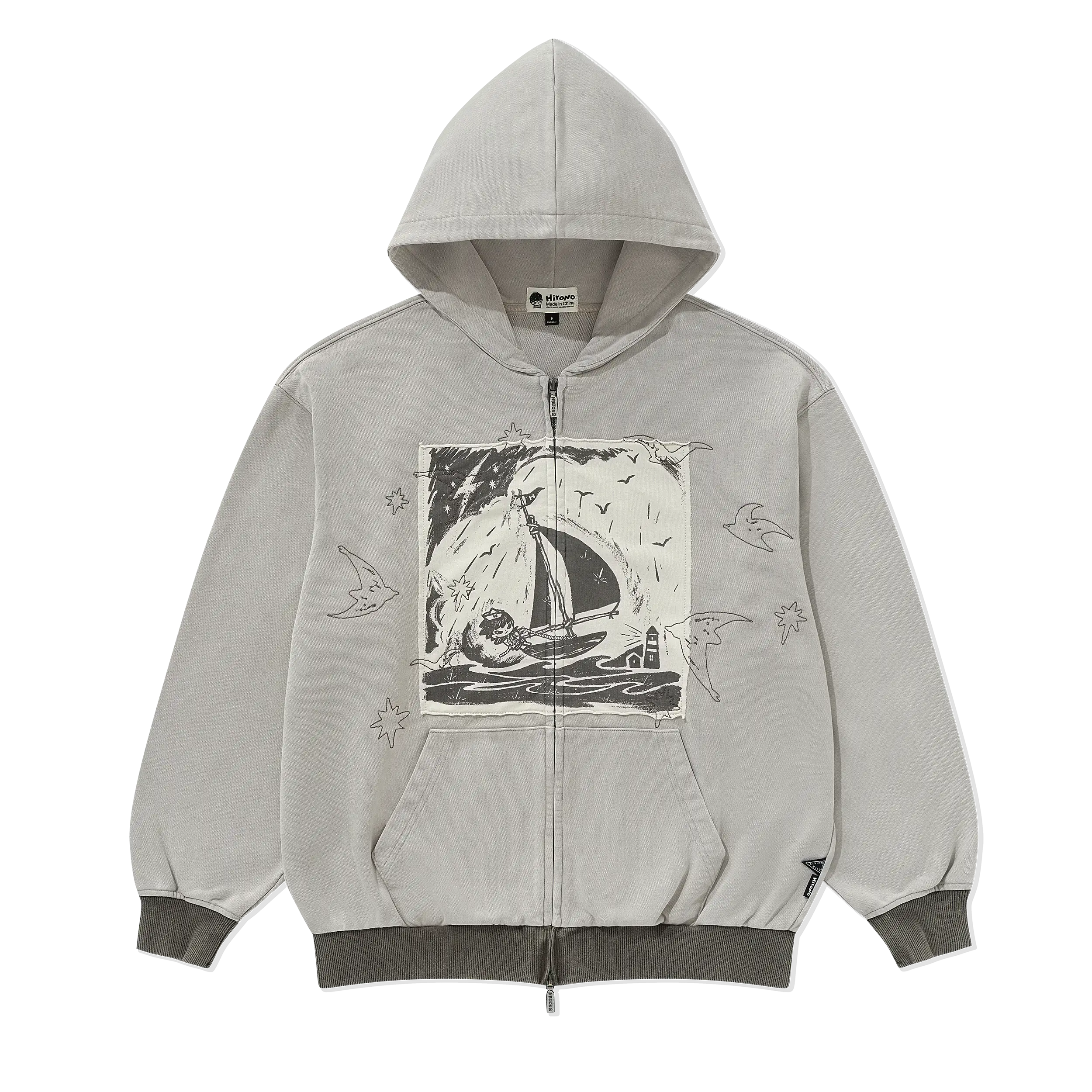 Hirono Living Wild - Freedom Island Storm Applique Cardigan Sweatshirt Washed Grey